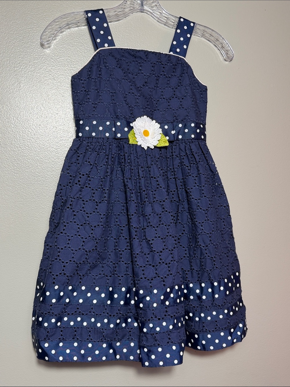 Jenny & Me Girls Navy Blue Eyelet Sundress 6X Daisy Polka Dot